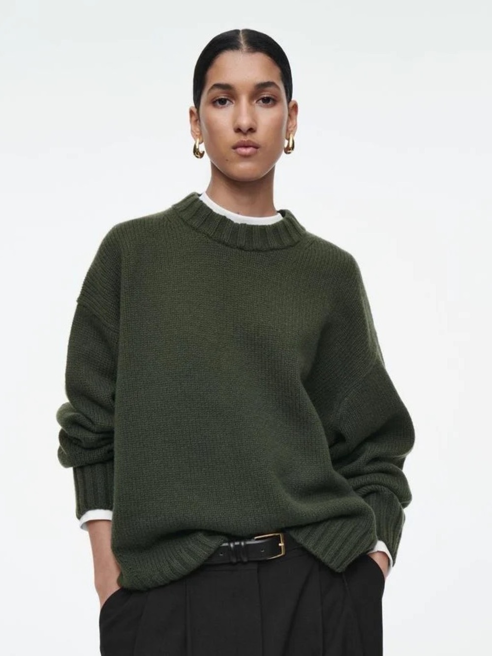 COS Chunky Pure Cashmere Crewneck Sweater Dark Khaki Green Size Medium